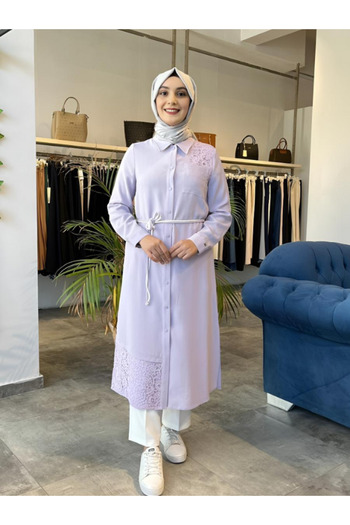 Zühre Shirt Collar Lace Detail Long Lavender Tunic T-1451