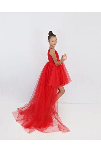 MadyaButik Girls' Red Front Short Back Long Wrap Dress Graduation Party Prom Birthday Dress