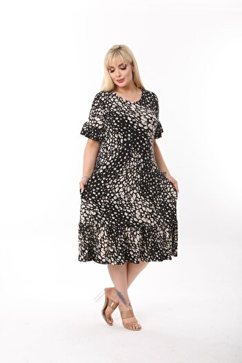mami butik Plus Size Knee-Length Sleeve And Skirt Ruffle detailed short sleeve Stylish Pocket Viscose Combed Cotton Dress