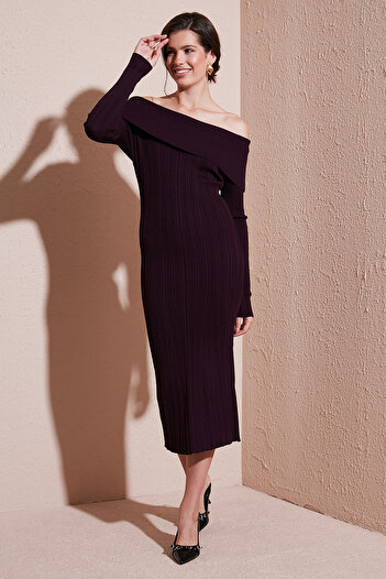 Lela Premium Ribbed Carmen Collar Slim Fit Midi Length Knitwear Dress Dress 680El00033