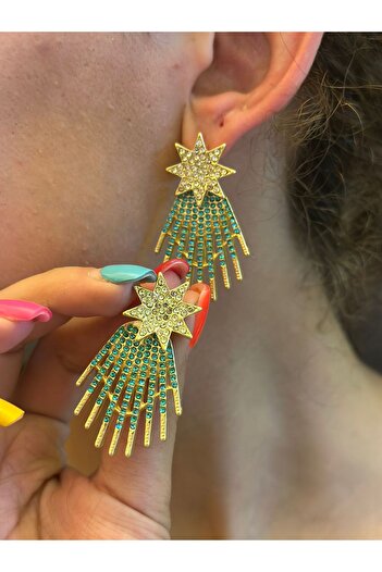 Gönülden Tasarım Turquoise Zircon Stone Star Steel Women's Earrings