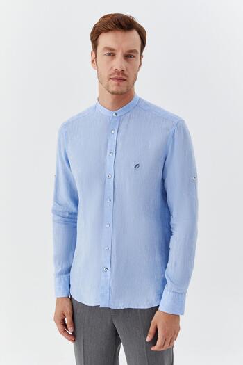 Sabri Özel Judge collar linen men's shirt blue