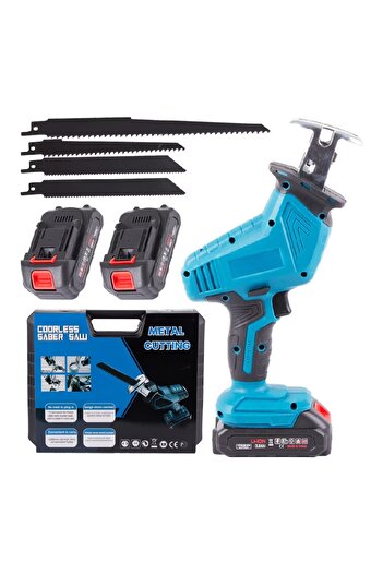 divendi-ro Mini cordless reciprocating saw, 250W, 3000 rpm, 2 x 3Ah battery, 4 15-20 cm, case, Blue