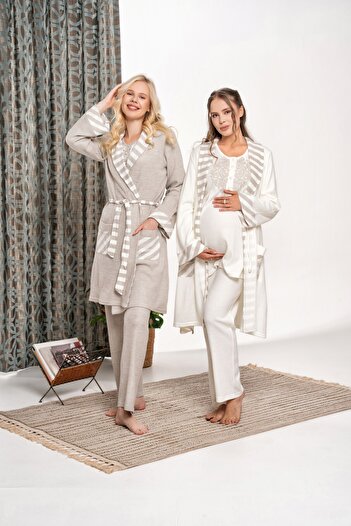 LOHOUSE Women's Ecru Honeycomb Patterned Lace Long Sleeve Cotton Maternity Maternity Pajamas Set of 3