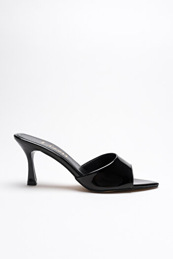 Lizzu Women's Pointed Toe Open Heeled Slippers Leni Black Patent Leather