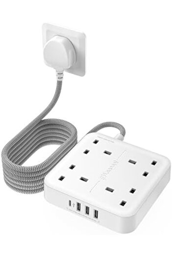 LENCENT سلك تمديد مع منفذ USB C، شريط طاقة بأربعة منافذ USB (3.4 أمبير، 1 من النوع C)