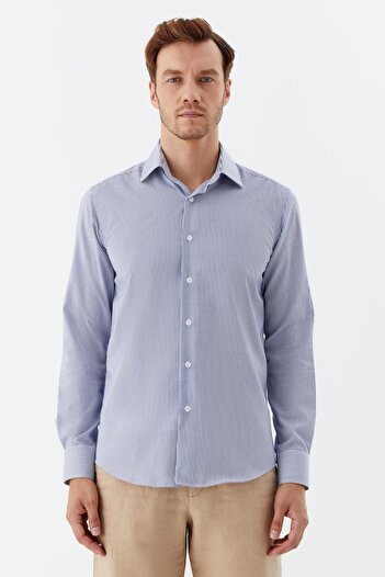 Sabri Özel Pointed Collar Striped Men's Shirt Dark Blue