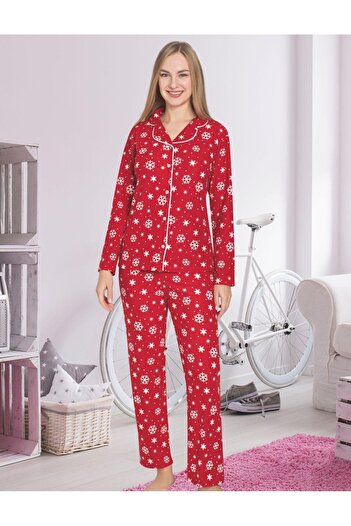 tusem butik homewear Women's Cotton Suede Fabric Red Snowflake Patterned Shirt Collar Buttoned Pajama Set