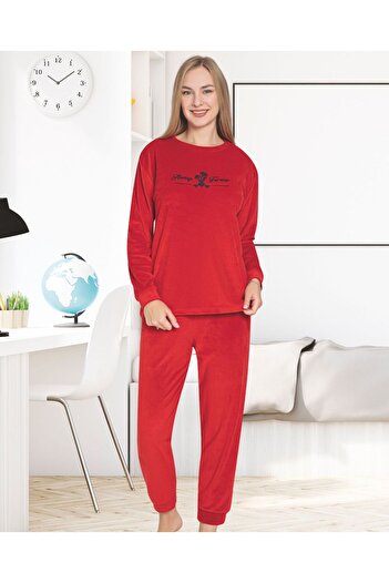 tusem butik homewear Women's Cotton Velvet Fabric Red Always Forever Patterned Winter Pajamas Set