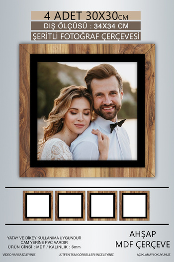 Bytwo 4 Pieces 30X30 Frame - Wooden-Black Striped Photo Frame - Mdf Frame - Square Frame