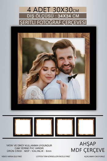 Bytwo 4 Pieces 30X30 Frame - Black-Wood Striped Photo Frame - Mdf Frame - Square Frame