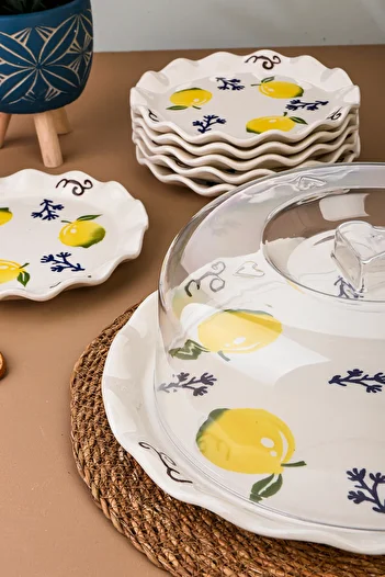 Akkoyunlu home 7 Pieces Cake Pan Lemon Pattern Pastry Cake Presentation Plate Stand and 6-Piece Cake Plate