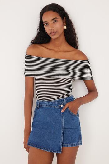Tudors Women's Slim Fit Slim Fit Striped Strapless Blouse
