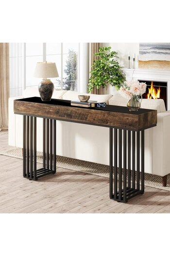 eMobili MACI31 - Console table with black glass, 140 cm, hall table, living room, bedroom - Black - Brown