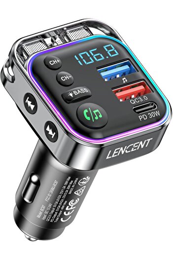 LENCENT جهاز إرسال FM بتقنية بلوتوث 5.3، شاحن سريع بتقنية PD 30 وات وQC3.0، محول سيارة بتقنية بلوتوث