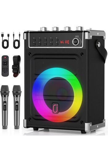 JYX Karaoke Machine with 2 UHF Wireless Microphones, Bluetooth Speaker with Bass/Treble and LED Ligh