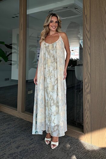 Laluvia Stone Flower Patterned Strap Draped Dress - 3321