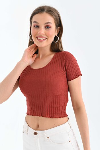 MOVİMENT Women's Tile Ribbed Body Fitting Pool Collar Crop Knitted Blouse