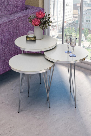 GOLDFALEZ Silver White Nesting Tables Set with Wire Legs - Modern Round Tables (Set of 3)
