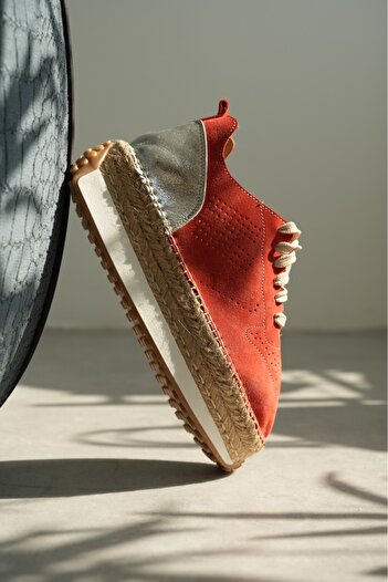 MOLY ESPADRİLLE Mercan süet & gümüş Detaylı Hakiki Deri Sneaker Espadril