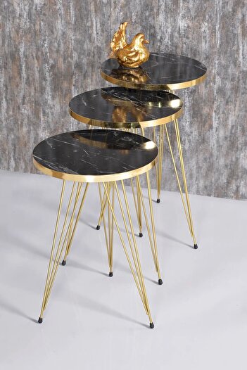 GOLDFALEZ Gold Bendir Wire 3-Piece Round Nesting Tables - Modern Gold-Trim Side Tables Set (13.4" Diameter)
