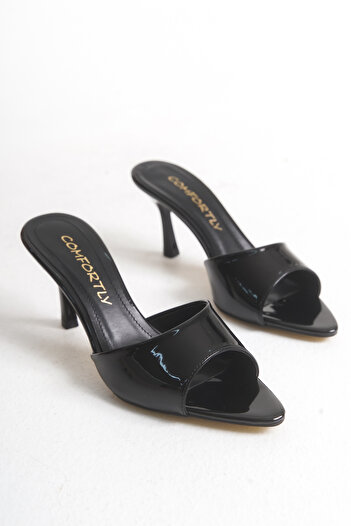 Melacomfort Black Patent Leather Thin Heeled Women's Slippers