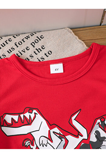 Styli Boys Red Dinosaur Graphic T-Shirt and Camo Shorts Set