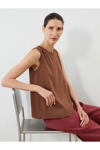LC Waikiki Brown Crew Neck Linen Blend Blouse