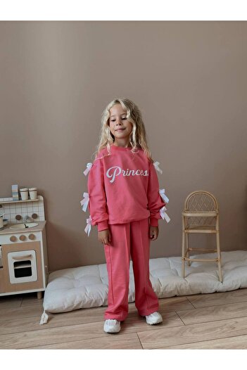 noliva bebek ve çocuk Trendy Girl's Pink Double Suit – Bow Sleeve and Princess Text Detail