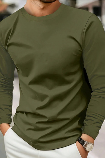 Tarz Cool Men's Khaki Lycra Crew Neck Slim Long Sleeve T-Shirt