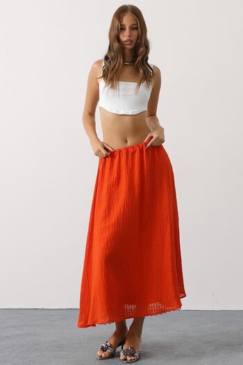 VAGGON Women's Orange Lace Detailed Long Skirt Vs00628