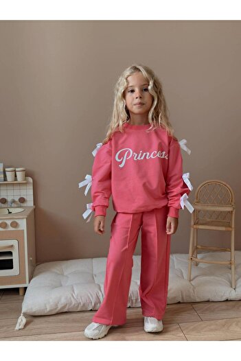 noliva bebek ve çocuk Trendy Girl's Pink Double Suit – Bow Sleeve and Princess Text Detail