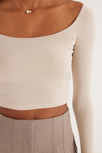 Tudors Kadın Slim Fit Dar Kesim Pamuklu Kayık Yaka Bej Bluz