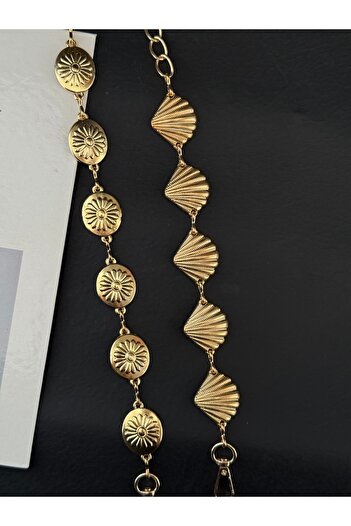 TABA BUTİK 2-Piece Gold Adjustable Women's Chain Belt with Mussel & Flower Buckle Detail