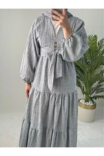 GALAVİP Women's Suitable for Hijab Seersucker Linen Balloon Sleeve Blouse Skirt 2-Piece Set