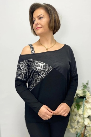 Mia Butik Plus Size Black One Shoulder Leopard Detailed Blouse