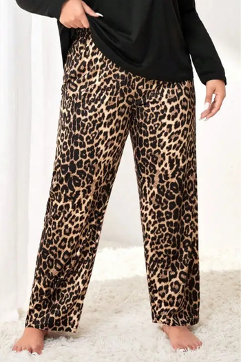 Farya Home Plus Size Soft Velvet Textured Leopard Print Suede Pajama Bottoms Pants