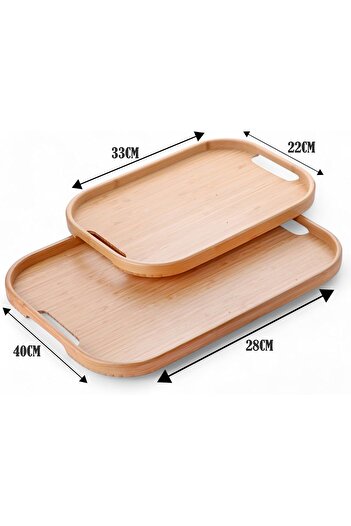 Deconox Dikdörtgen Bambu Servis Tepsisi, 2'li Set, 33x22 cm ve 40x28 cm | Dikdörtgen Bambu Tepsi