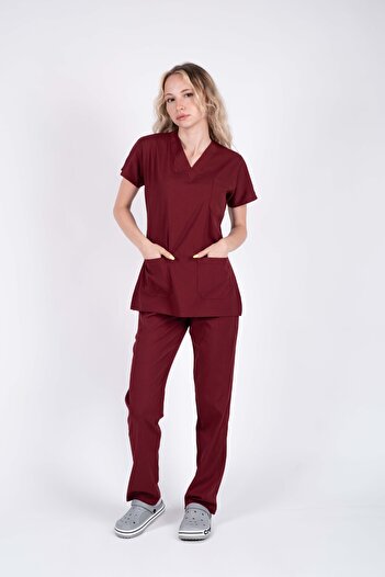 ACAR İŞ TEX Set de uniforme pentru femei din lycra burgundy pentru asistentă medicală și medic, uniforme pentru spital