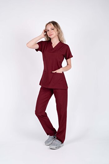 ACAR İŞ TEX Set de uniforme pentru femei din lycra burgundy pentru asistentă medicală și medic, uniforme pentru spital