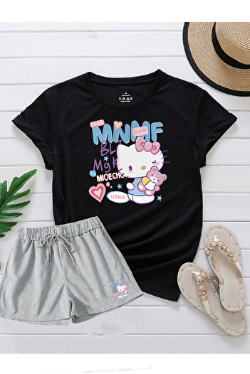 makiteks Set of 2 Solid Color Women's Regular Shorts and Tshirt T-Shirt Kitty