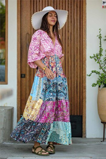 Miss Boheme Pink Color Front and Back V-Neck Long Silk Dress with Gold Detail