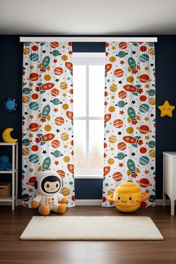 EVPANYA Retro Space Vehicles and Planets Patterned Children's Baby Room Background Curtain (Single Wing Pricing)