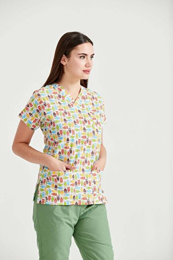 DEMOTEKS Bluza Medicala Alba cu Imprimeu - Model Owl (Bufnite)