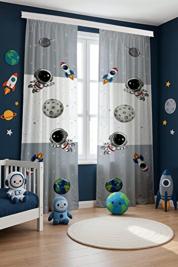 EVPANYA Gray Ye Gray Space and Little Astronaut Patterned Children's Baby Room Background Curtain (Single Wing Pricing)