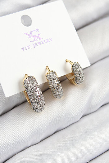 Tunastore Brass Zircon Stone 3-Piece Ring Model Gold and Silver Color Women's Earrings