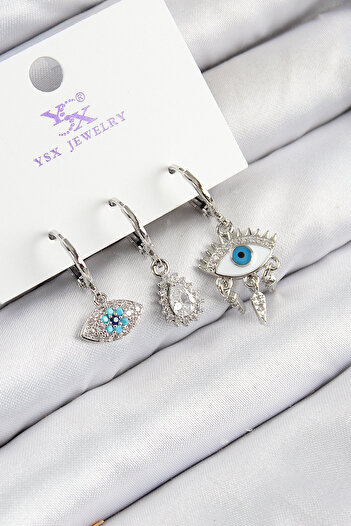 Tunastore Brass Zircon Stone 3 Piece Fatma's Eye Model Silver Color Women's Earrings