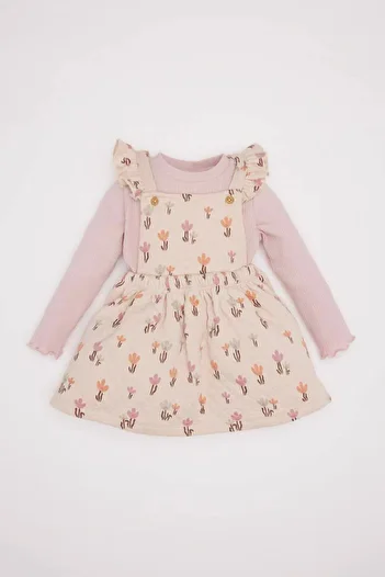 DeFacto 2 Pcs Floral Ribbed Dress Long Sleeve T-Shirt Stone Baby Girl Bottom-Top Set D7252A5/Er120