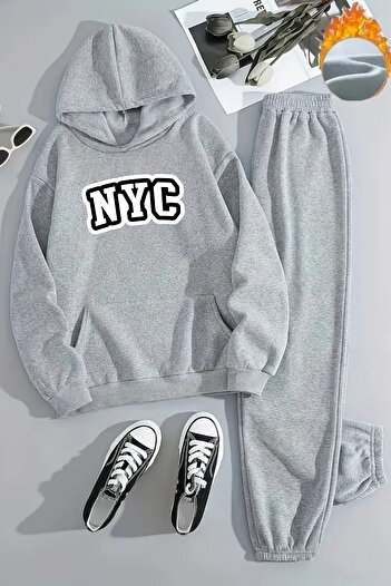 CLAYES Unisex Nyc Printed Hooded Gray Tracksuit Set - Winter Embossed Fabric
