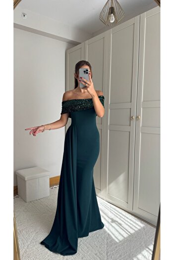 Sindimoda Mars Payetli Madonna Yaka Balık Abiye